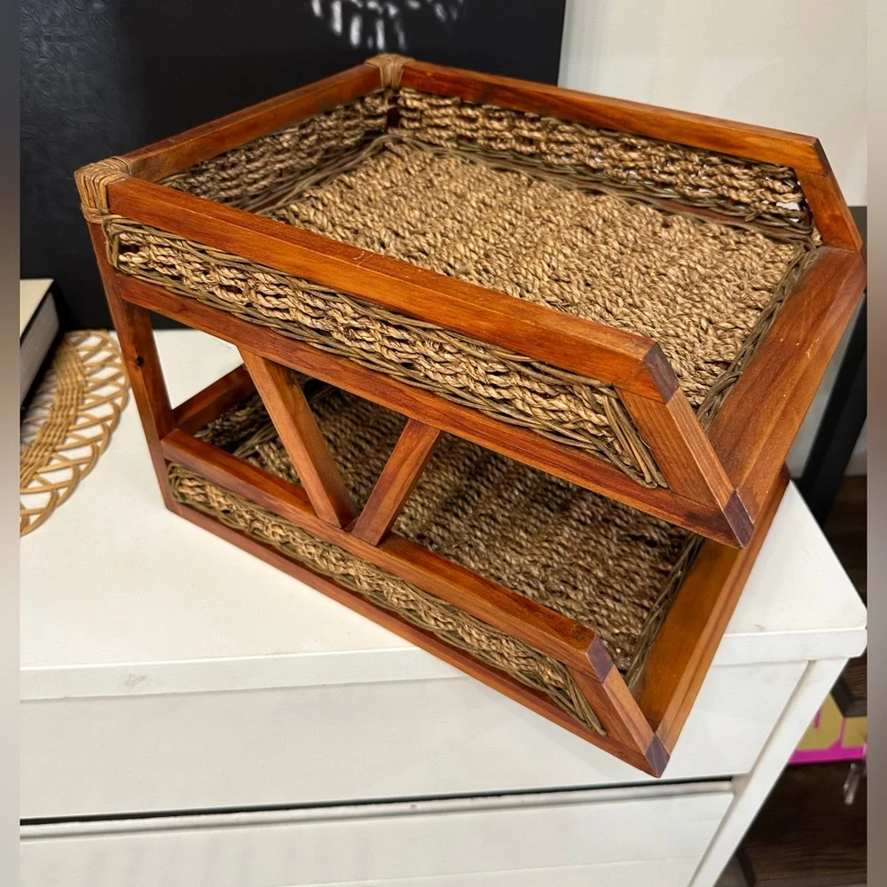 Vintage Tiered Wooden & Rattan Paper Tray or Book Display Holder